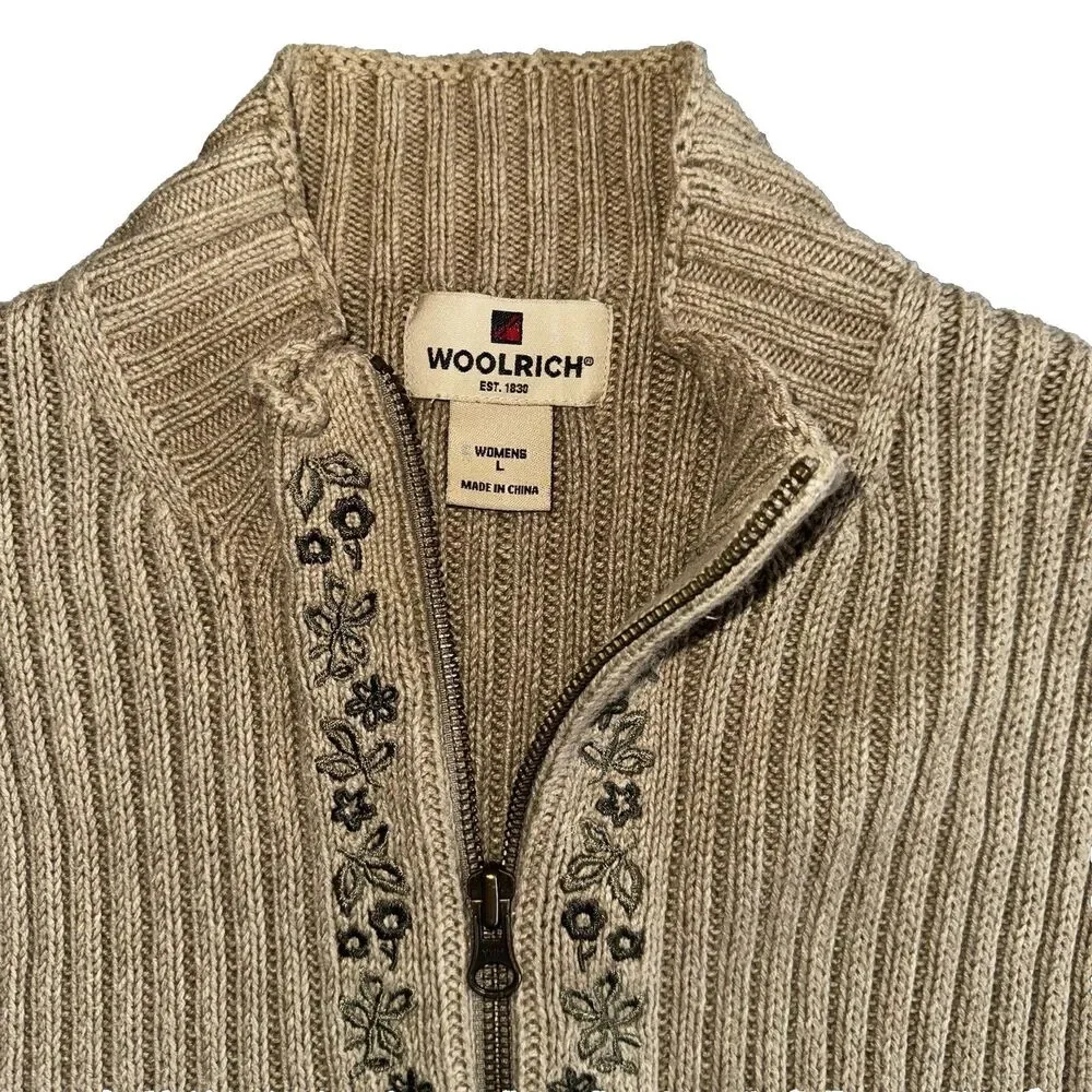 Woolrich Vest Women's Large Knit Full Zip Heather Beige Khaki SEE PICS!
